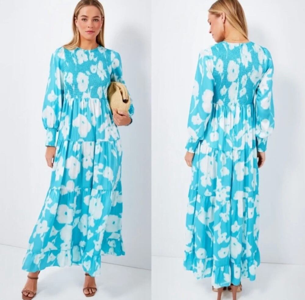Tuckernuck Watercolor Floral Libby Turquoise Tiered Maxi Dress Size S